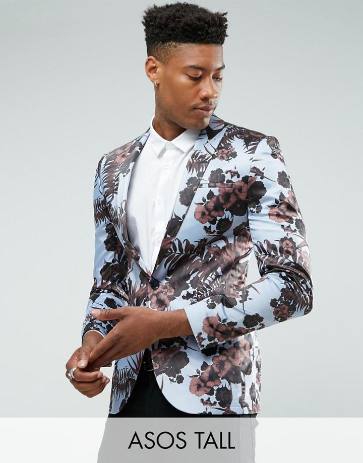 Asos Tall Super Skinny Blazer With With Burgundy Floral Print - Blue
