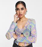 Asos Design Petite Mesh Top With Split Front In Pastel Crochet Print - Multi