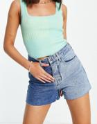 Stradivarius Block Color Denim Short In Medium Blue
