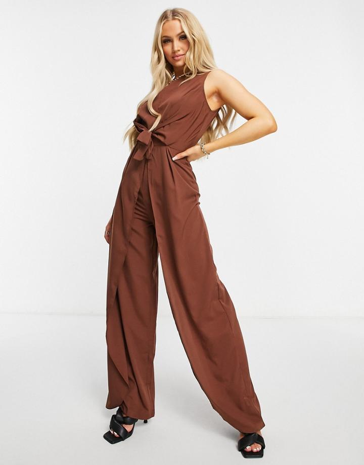 Ax Paris High Neck Jumpsuit In Chocolate-brown