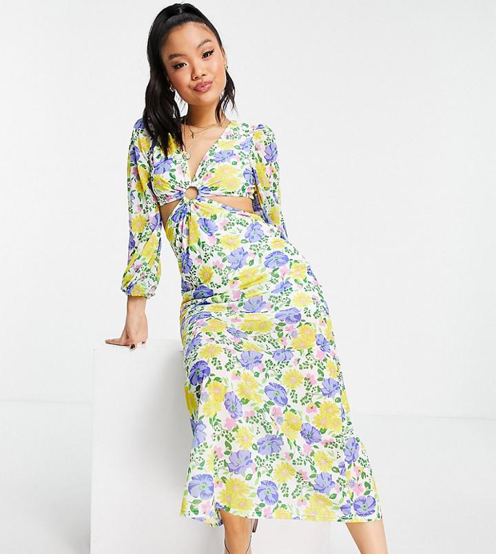 Asos Design Petite Long Sleeve Ring Detail Maxi In Floral Print-multi
