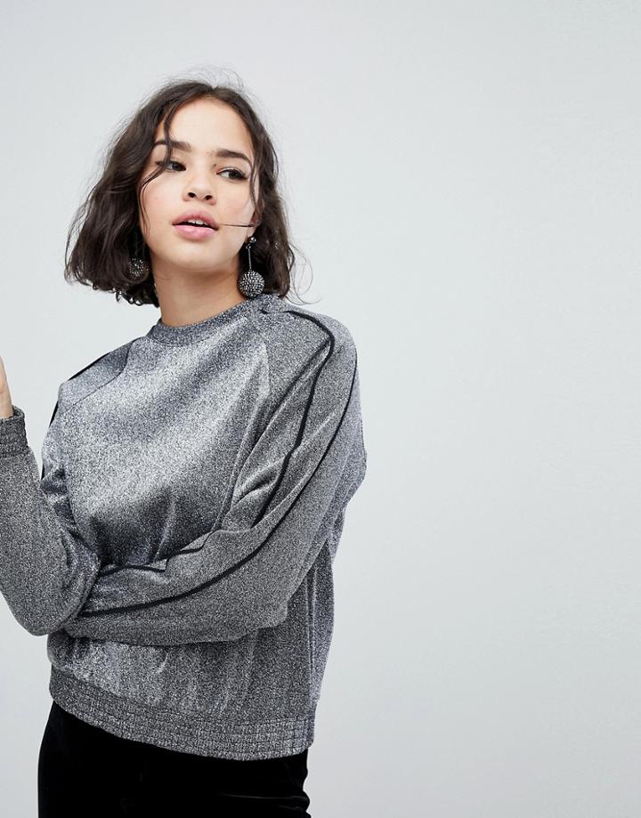 Monki Metallic Sparkle Zip Front Sweatshirt - Silver