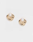 Asos Design Earrings In Abstract Metal Design With Faux Pearl In Gold