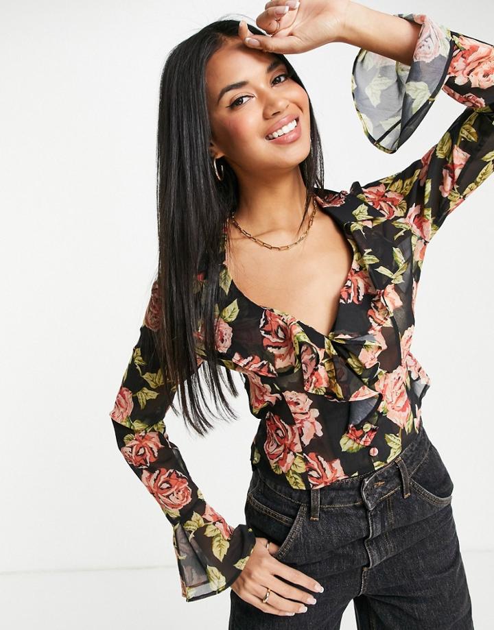 Asos Design Frill Neck Crop Shirt With Flare Sleeve And Ruffle Detail In Brown Floral Print-multi