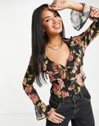 Asos Design Frill Neck Crop Shirt With Flare Sleeve And Ruffle Detail In Brown Floral Print-multi