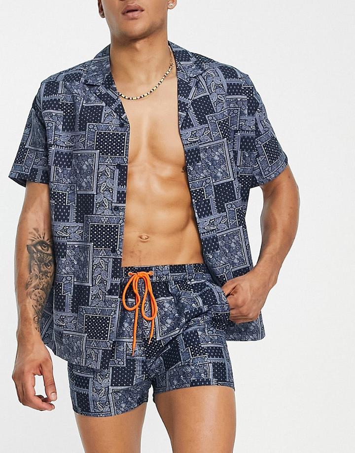 South Beach Beach Shirt In Blue And White Print-navy