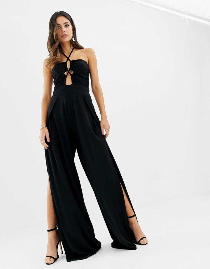 Asos Design Cross Front Jumpsuit With Split Leg-black