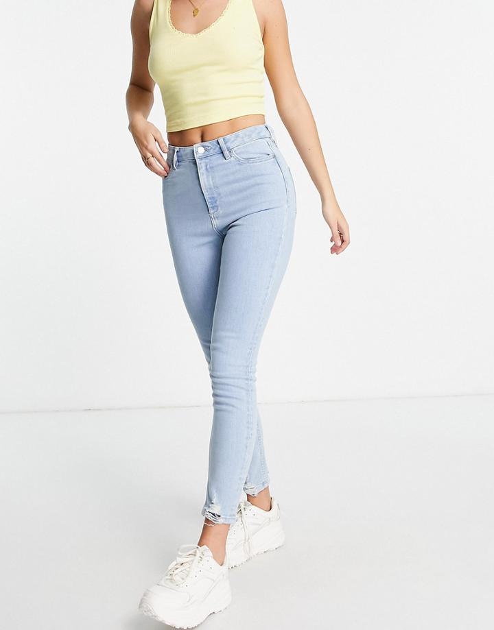 Miss Selfridge Lizzie Skinny Jeans With Frayed Hem In Light Wash Blue