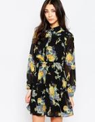 Yumi Floral Print Shirt Dress - Black