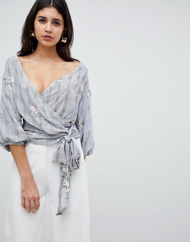 Ax Paris Wrap Front Shirt With Floral Detail - Black