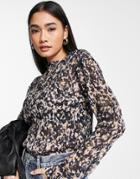 & Other Stories Long Sleeve Recycled Polyester Crinkle Print Top Crinkle In Black And Pink-multi