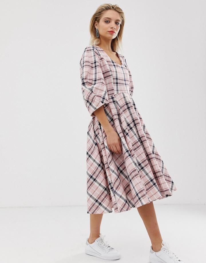 Asos White Check U-neck Midi Dress-multi