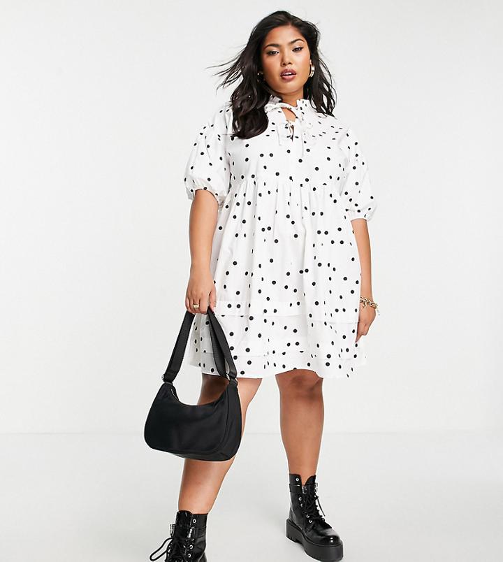 Influence Plus Tie Front Cotton Poplin Mini Dress In White Polka Dot-black