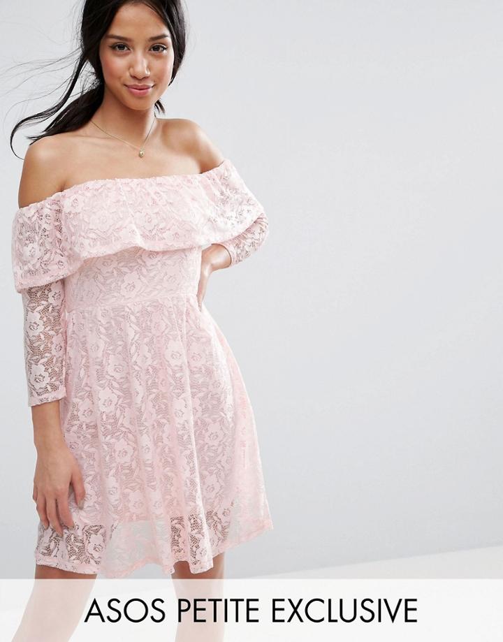 Asos Petite Long Sleeve Dress With Off Shoulder Ruffle Detail - Pink
