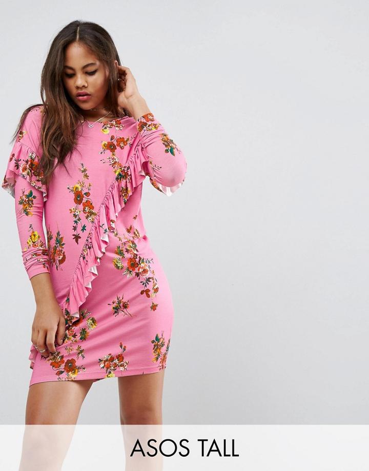 Asos Tall T-shirt Dress With Frill And Low Back In Floral Print - Pink