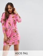 Asos Tall T-shirt Dress With Frill And Low Back In Floral Print - Pink