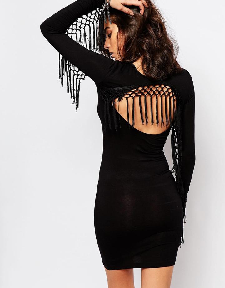 Noisy May Open Back Fringed Body-conscious Dress - Black