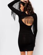 Noisy May Open Back Fringed Body-conscious Dress - Black