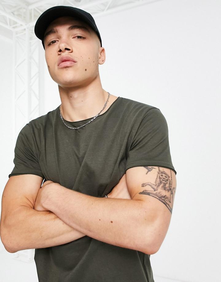 Brave Soul Raw Edge T-shirt In Khaki-green