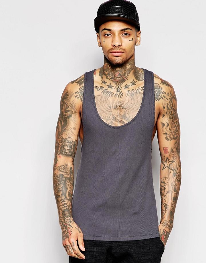 Asos Rib Muscle Tank With Extreme Racer Back - Washed Black