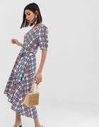 Vero Moda Textured Check Wrap Dress With Volume Sleeve-white