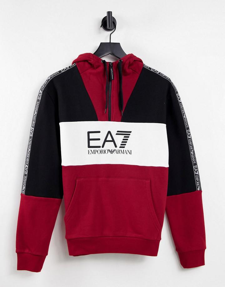 Armani Ea7 Train Athletic Color Block Large Logo Overhead Fleece Hoodie In Black/red