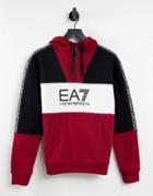 Armani Ea7 Train Athletic Color Block Large Logo Overhead Fleece Hoodie In Black/red