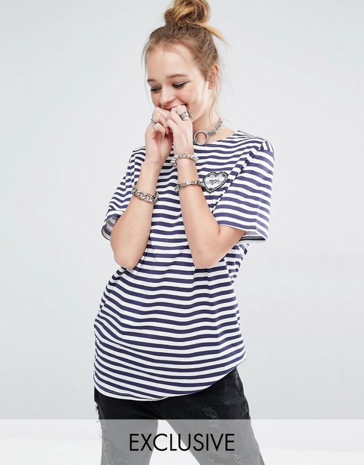 Reclaimed Vintage Stripe Breton Tee With Merci Heart Patch - Blue