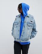 Asos Design Oversized Denim Jacket With Rips - Blue