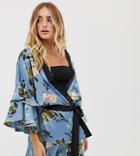 Missguided Two-piece Satin Belted Jacket With Frill Sleeves In Blue Floral Print - Multi