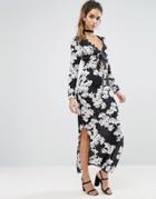 Boohoo Floral Tie Front Lace Trim Maxi Dress - Black