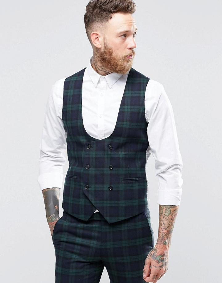 Noose & Monkey Super Skinny Db Vest In Plaid With Stretch - Green