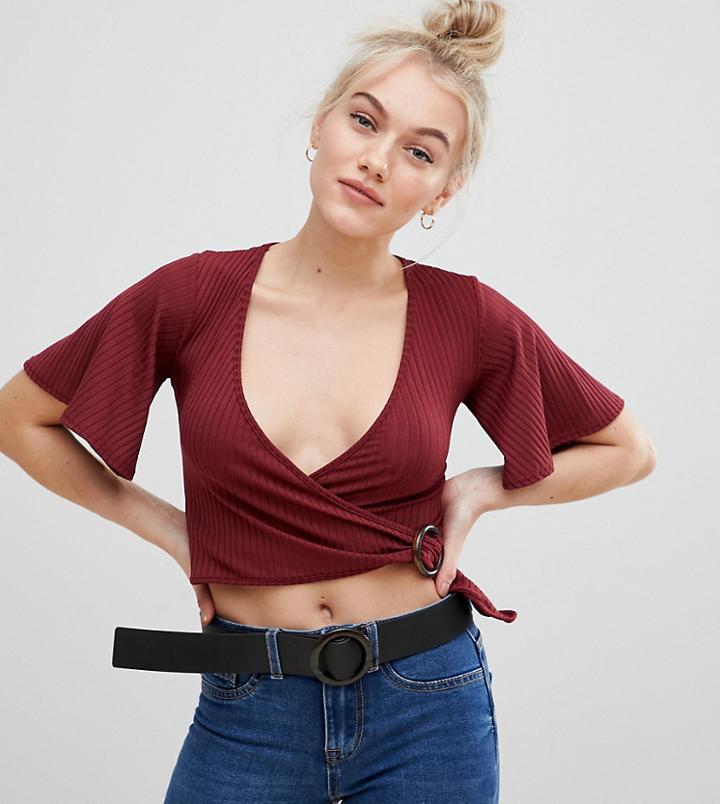 New Look Petite Buckle Up Top In Dark Burgundy - Red