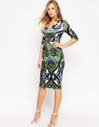 Asos Wiggle Dress With V-neck In Oversized Wallpaper Print - Print