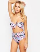 Asos Gingham Floral Bunny Tie Front Swimsuit - Gingham Floral