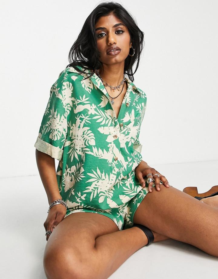 Topshop Throw-on Collared Romper In Tropical Green Print