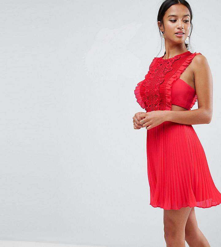 Asos Petite Lace Jumper Pleated Mini Dress - Red
