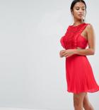Asos Petite Lace Jumper Pleated Mini Dress - Red