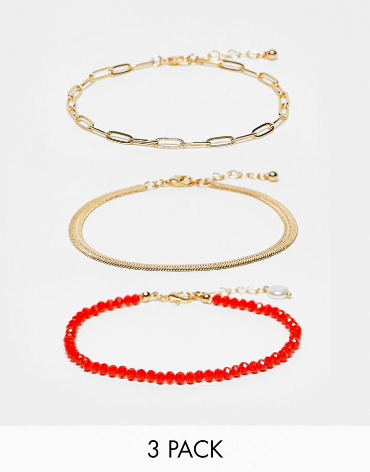 Designb London Pack Of 3 Anklets With Orange Beads In Gold Tone