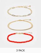 Designb London Pack Of 3 Anklets With Orange Beads In Gold Tone