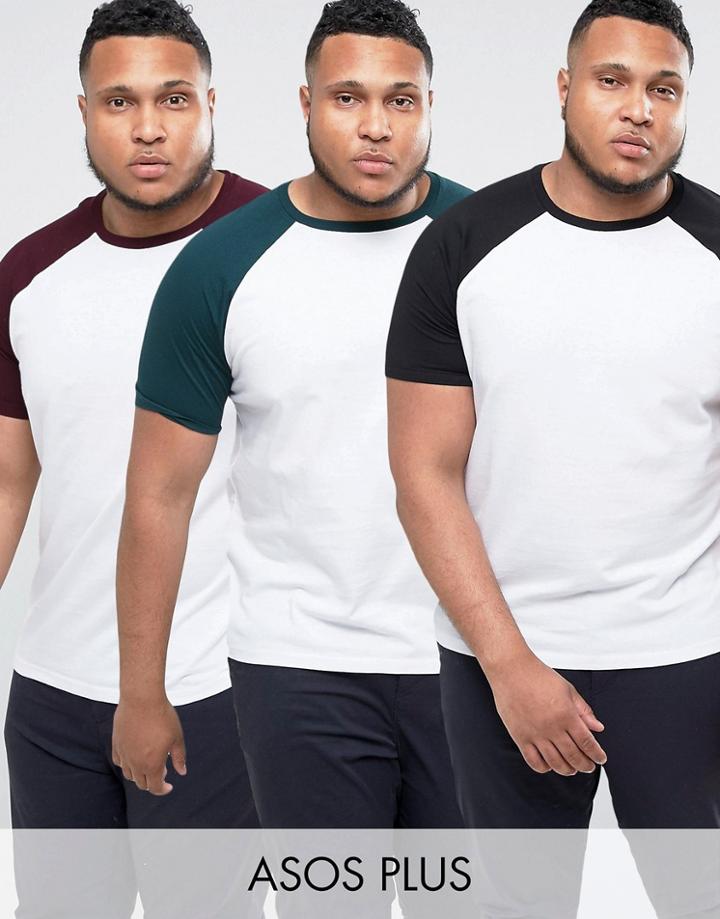 Asos Plus 3 Pack T-shirt With Contrast Raglan Sleeves Save - Multi