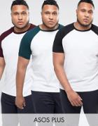 Asos Plus 3 Pack T-shirt With Contrast Raglan Sleeves Save - Multi
