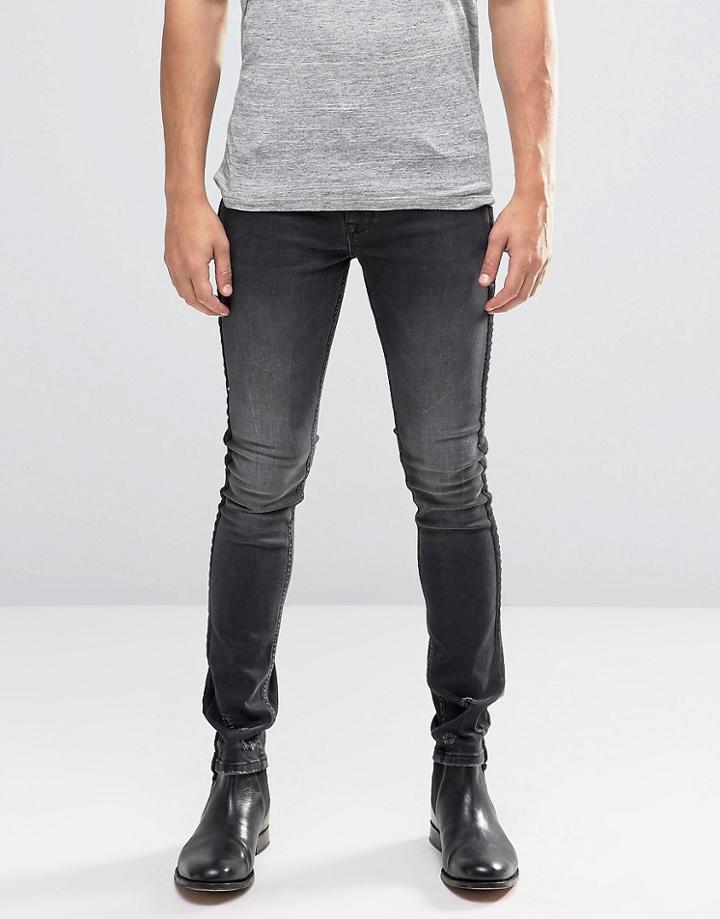 Asos Super Skinny Jeans With Satin Side Stripe In Washed Black - Black