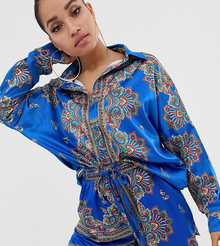 Missguided Petite Two-piece Satin Shirt In Blue Scarf Print - Multi