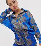 Missguided Petite Two-piece Satin Shirt In Blue Scarf Print - Multi