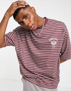 Asos Design Oversized Stripe T-shirt In Burgundy & White With Tennis Embroidery-red