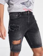 Asos Design Slim Denim Shorts In Black Wash With Thigh Rips