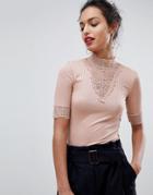 Y.a.s Blace Jersey Stretch Top With Lace High Neck - Pink