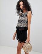 Brave Soul Naples Floral Print Tank With Lace Trim - Black