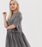 Asos Design Petite Mini Smock Dress With Frill Waist - Gray